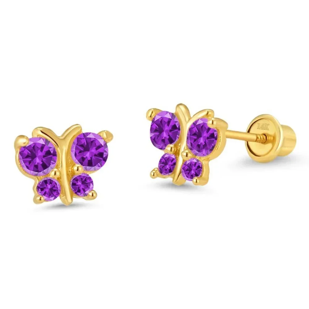 New 14k solid yellow Gold Butterfly Pink CZ Earrings